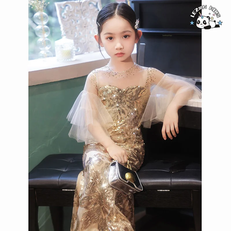 LEZONKIDS - Novo Vestido de Sereia Emborrachado com Lantejoulas Douradas para Meninas, Vestido de Gala para Festa de Aniversário e Apresentação
